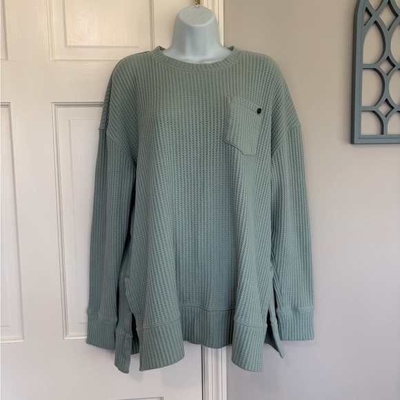 Marleylilly Tops - Women's Waffle Knit Long Sleeve Pullover - Sage Green